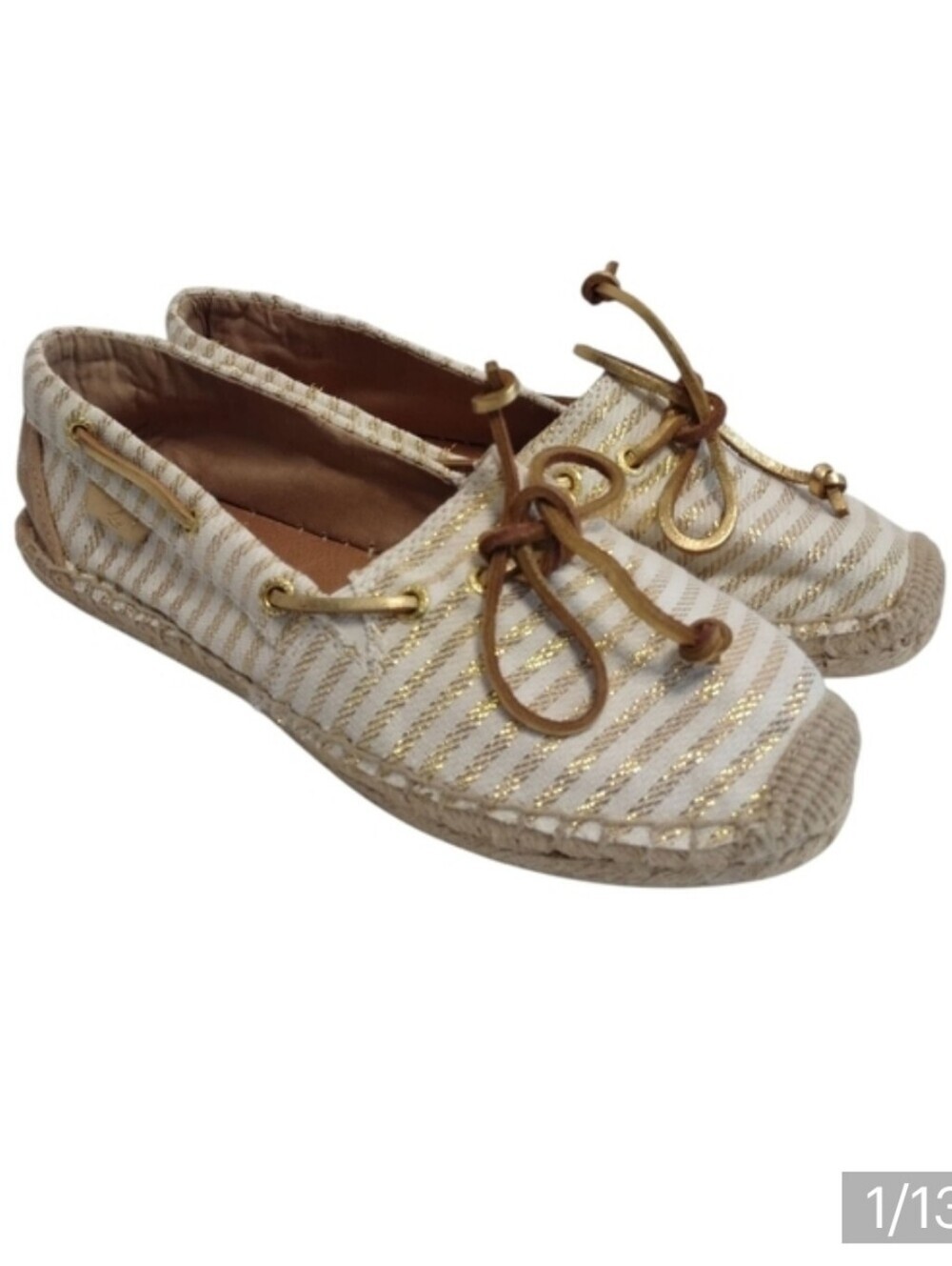 Sperry Top Siders Women Stripe Espadrille Shoes Gold Metallic Canvas Sz 6.5M